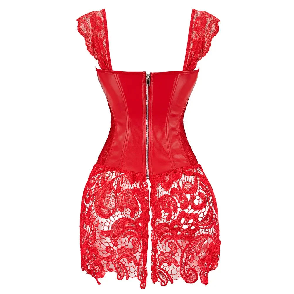 Women's Steampunk Gothic Overbust Corset Dress Lace Up Zipper Back