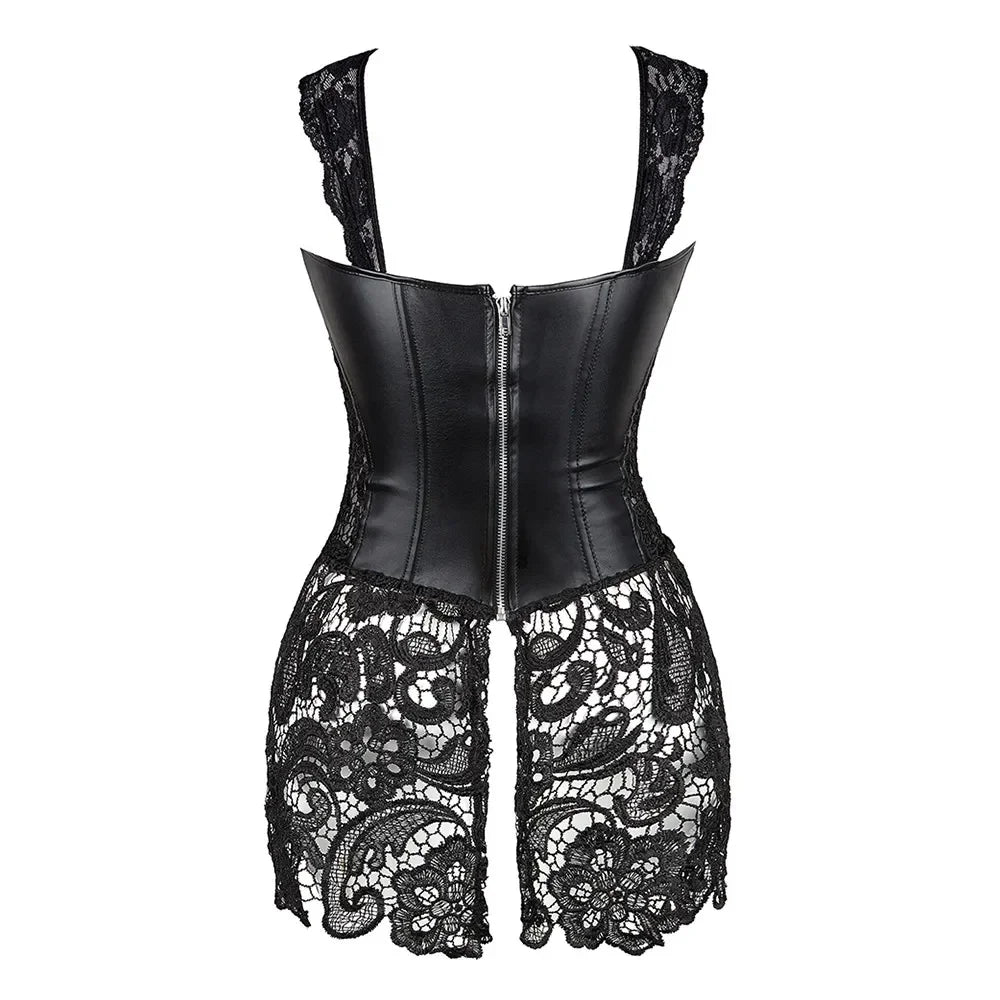 Women's Steampunk Gothic Overbust Corset Dress Lace Up Zipper Back