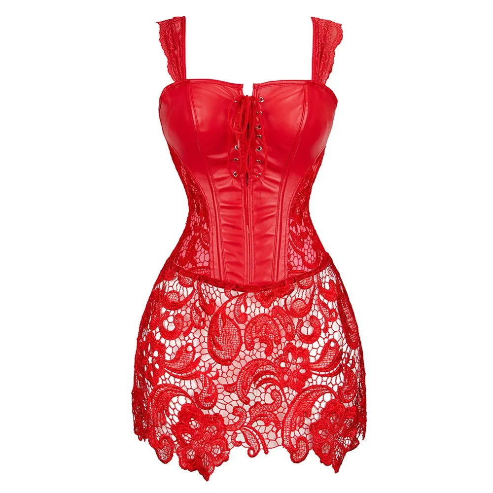Women's Steampunk Gothic Overbust Corset Dress Lace Up Zipper Back