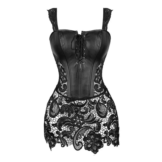 Women's Steampunk Gothic Overbust Corset Dress Lace Up Zipper Back